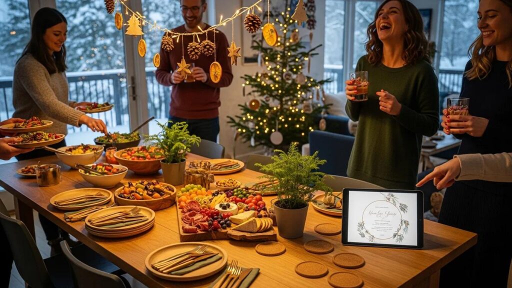Eco-friendly holiday party setup with biodegradable decorations and organic food