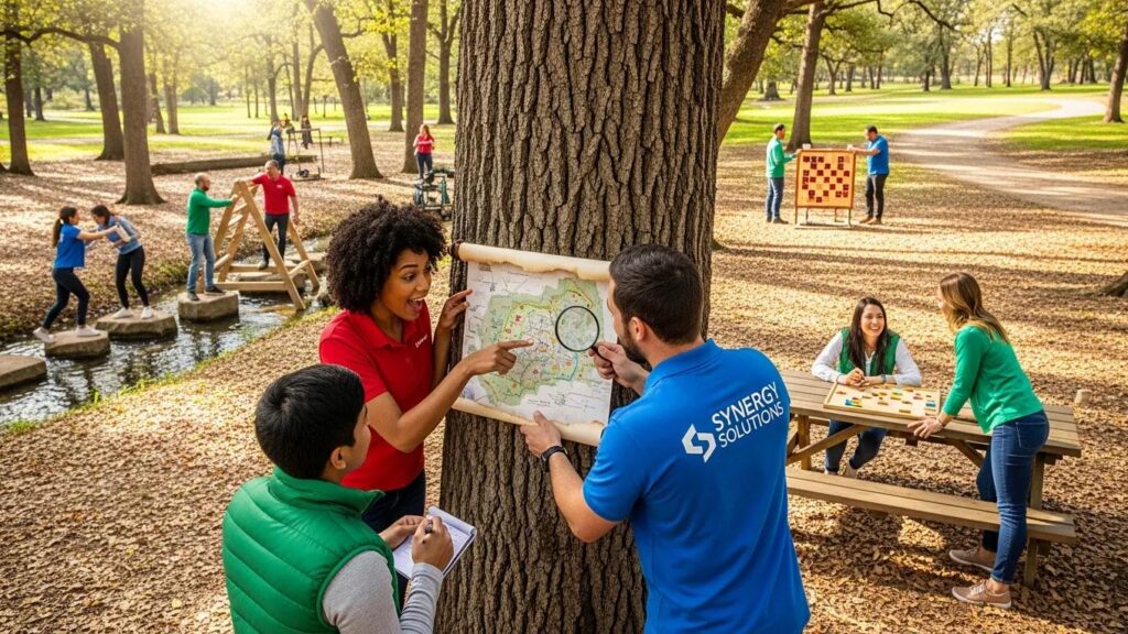 Employees engaged in a team-building outdoor activity, promoting collaboration