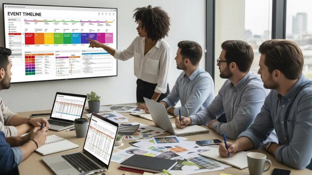 Event planners collaborating on a corporate meeting plan with technology and teamwork
