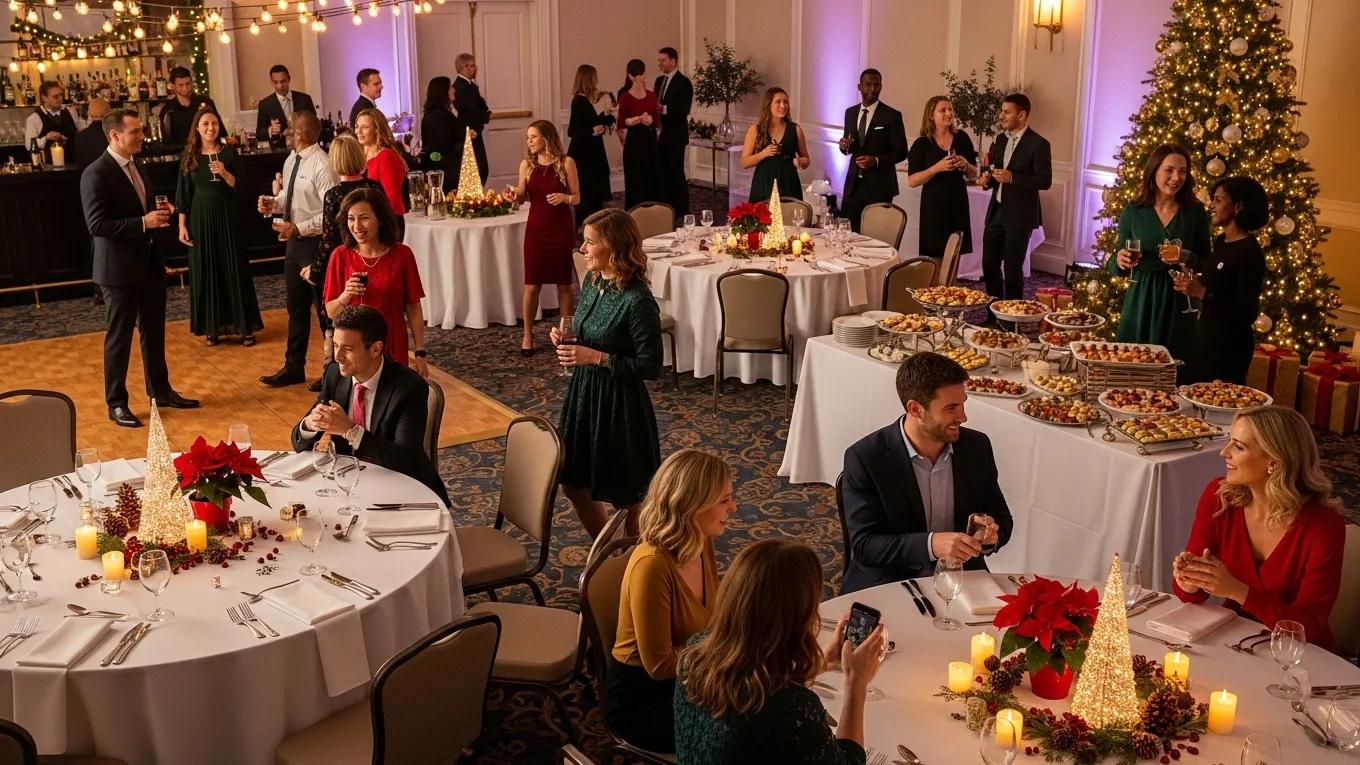 Festive corporate holiday party with decorated tables and cheerful employees