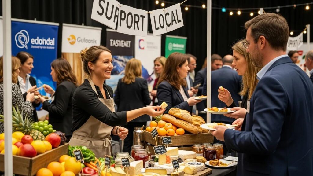 Local vendor engaging with attendees at a corporate event, showcasing fresh products