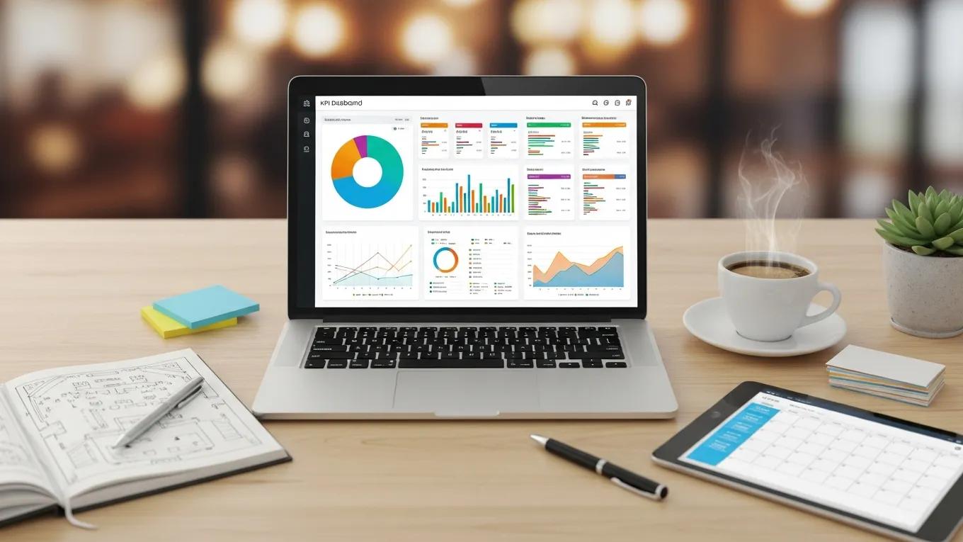 Modern KPI dashboard on a laptop with event planning materials