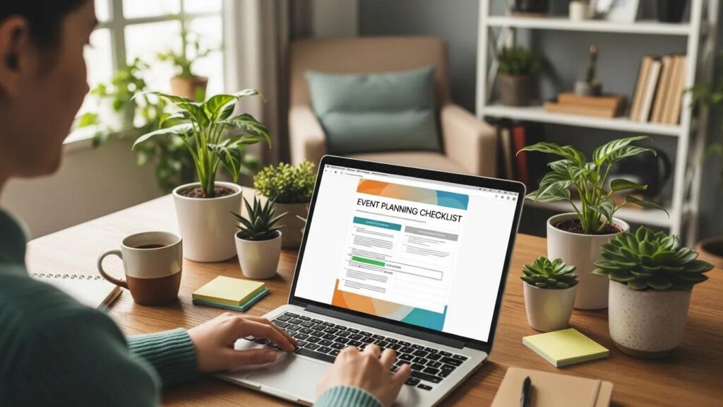 Person downloading an event planning checklist template on a laptop