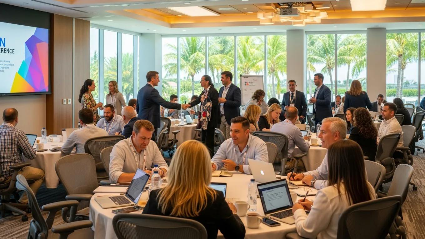 Professional conference setting in Boca Raton with attendees engaging in a meeting