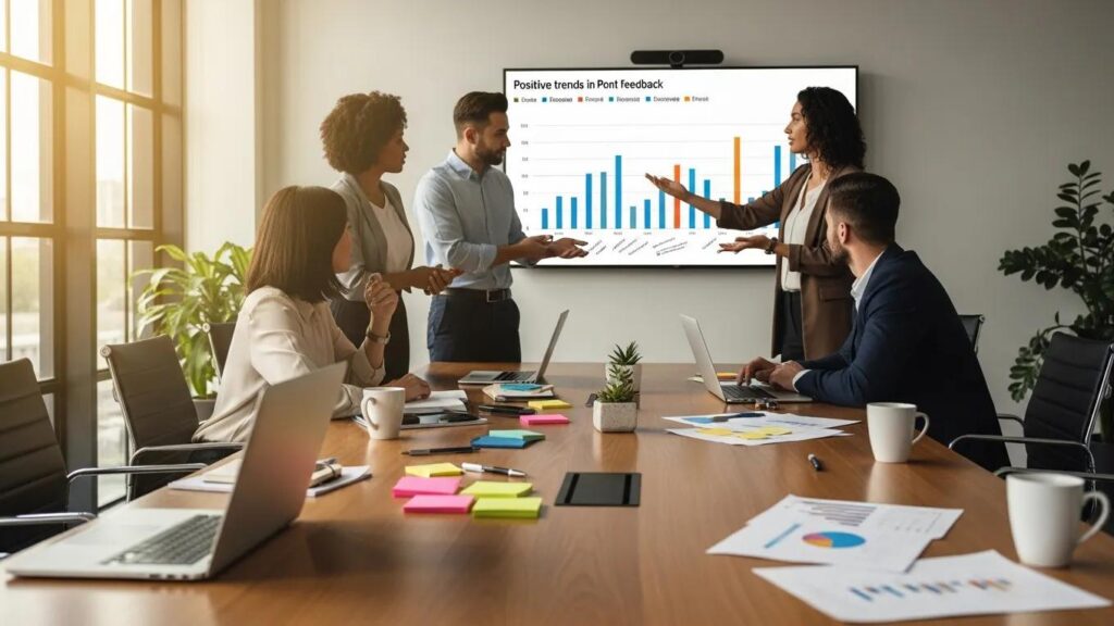 Team reviewing post-event feedback in a modern conference room