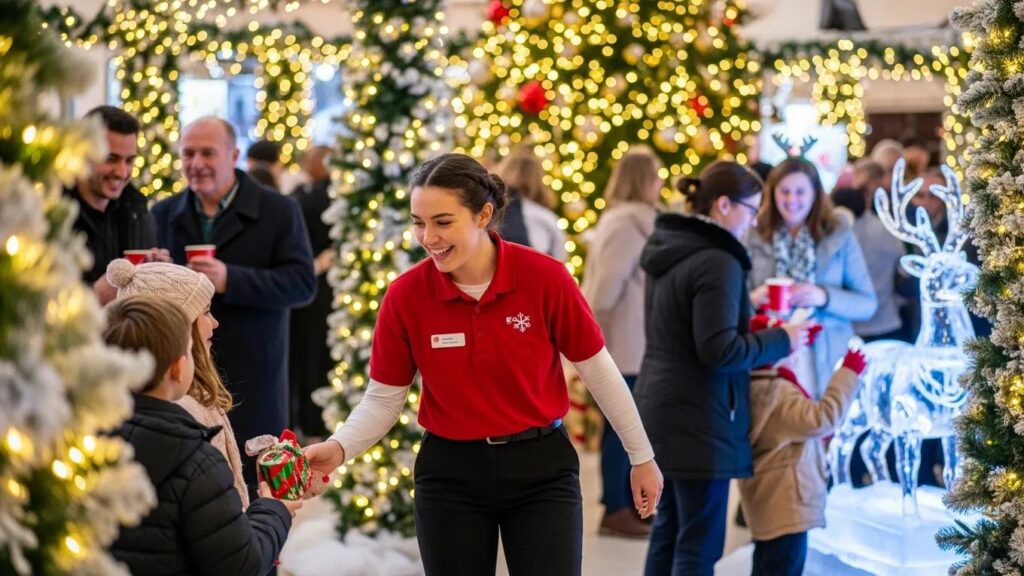 Temporary staff member assisting guests at a festive holiday event, ensuring smooth operations and enhanced