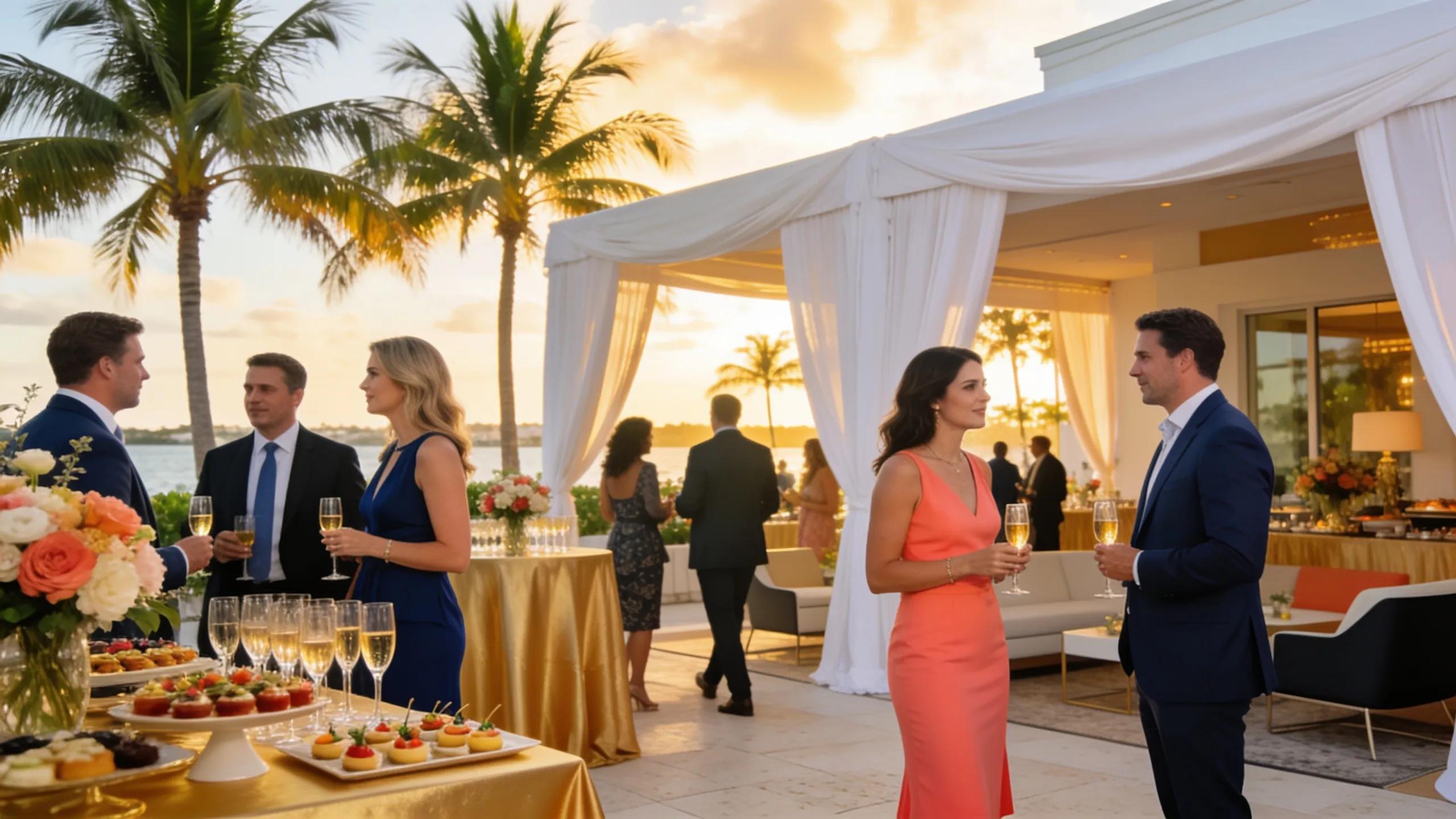 Luxurious corporate event in Palm Beach with professionals networking amidst palm trees and elegant setups