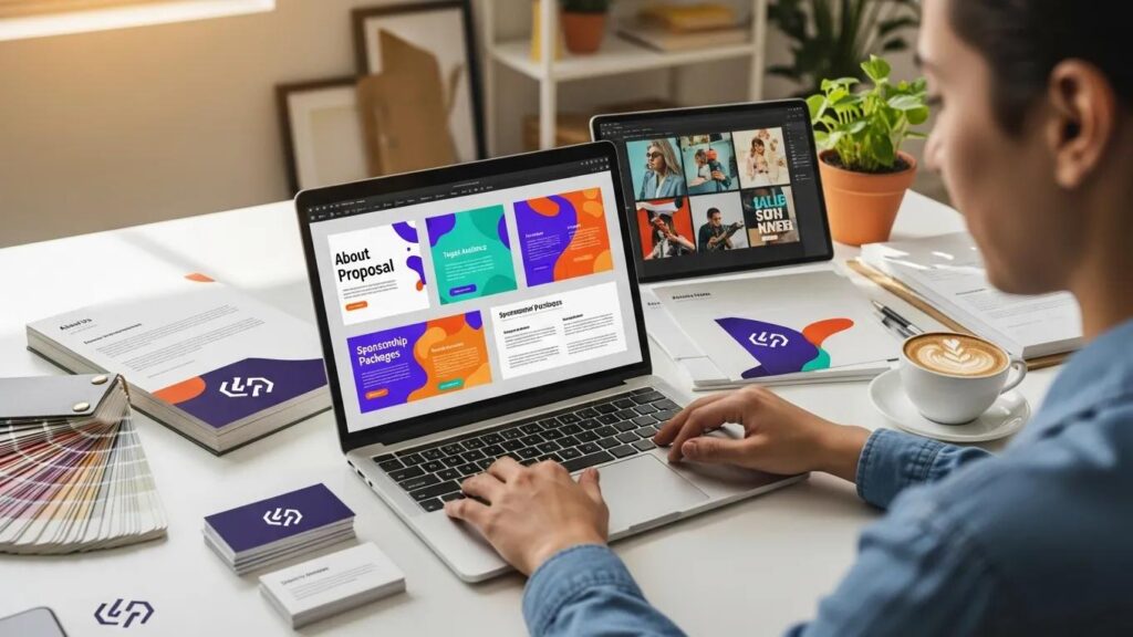 Person customizing a sponsorship proposal template on a laptop with design tools